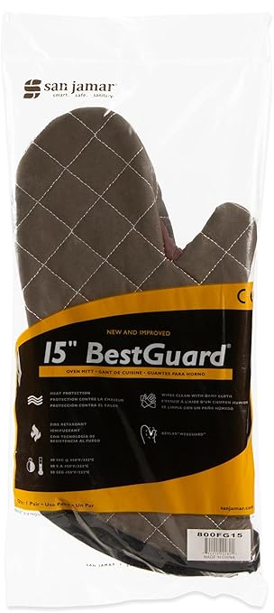 San Jamar 800FG15 BestGuard Commercial Heat Protection Up to 450° F Oven Mitts (Pair), 15" Length, Tan