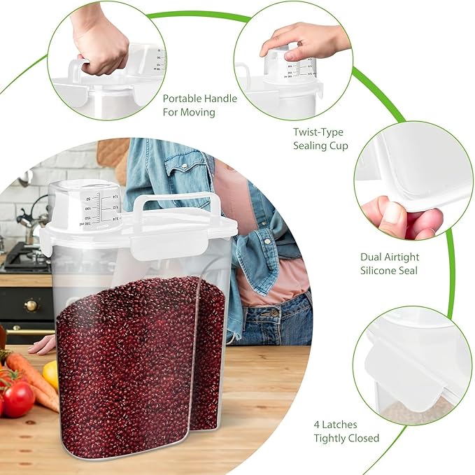 Viretec Rice Storage Container, 10 to 20lb Dry Food Airtight Dispenser, Pet Dog Cat Food Canister, BPA Free Clear Plastic Kitchen and Pantry Organization Bin for Oatmeal, Cereal, Pasta, Flour White