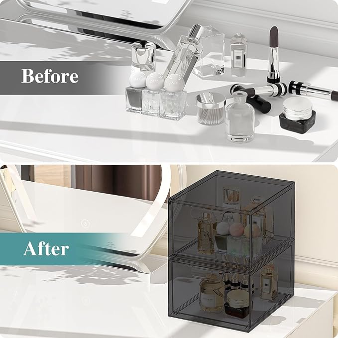 SpaceHacks 3 Pack Stackable Makeup Organizer and Storage, Acrylic Organizers，Clear Plastic Storage Drawer with Pull-Out Handles for Vanity, Undersink, Kitchen Cabinets, Pantry, Black