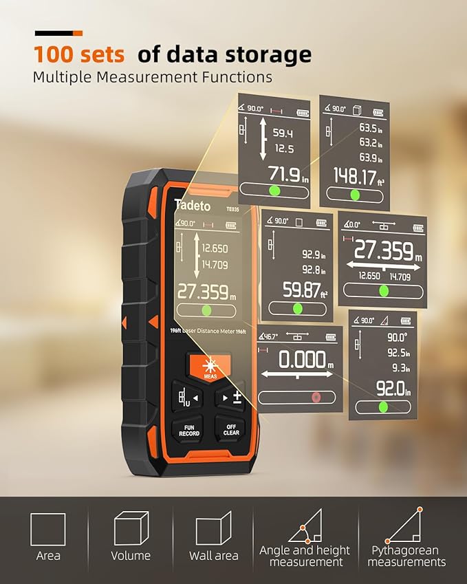 Tadeto Dual Laser Measuring Tool, 393FT/120M Bilateral Laser Measurement Tool Backlit LCD Display, Rechargeable Laser Measure with Ft/in/M Multiple Units Length/Area/Volume/Angle