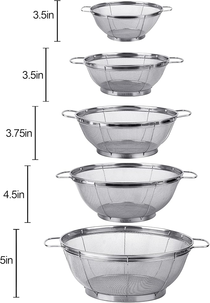 5 Pack 18/8 Stainless Steel Colander Sieves, Multi Size Mesh Strainer Net Baskets with Handles & Resting Base for Strain, Drain, Rinse or Steam