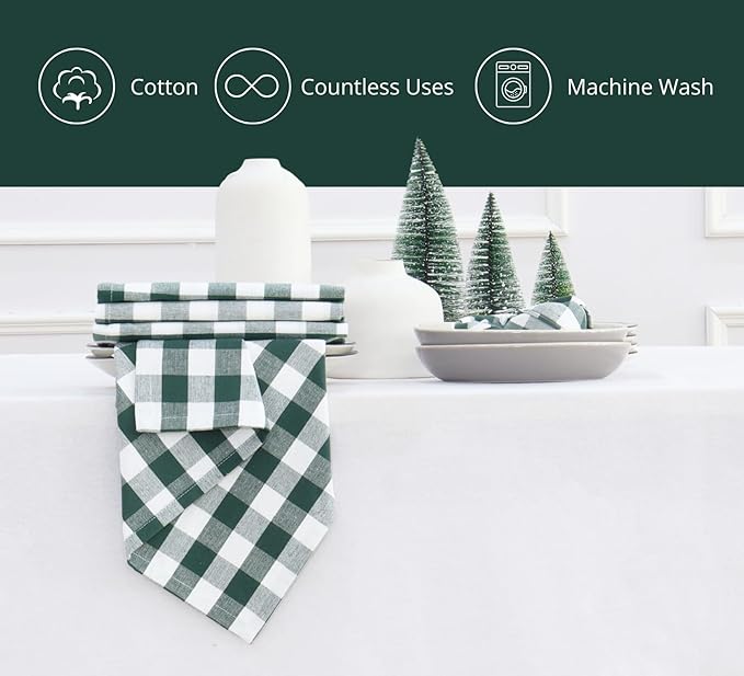 PurpleEssences Buffalo Plaid Cloth Napkins - Mitered Corners - Spring Easter Summer - Gingham Check Dinner Napkin - Set of 12-100% Cotton - 18x18 Inch - Reusable Washable - Forest Green and White