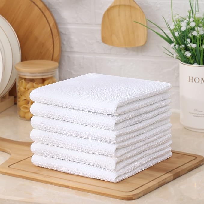 Kitinjoy 100% Cotton Kitchen Dish Cloths (12 X 12 Inches, White), 12 Pack Waffle Weave Ultra Soft Absorbent Dish Towels for Drying Dishes Quick Drying Kitchen Towels Dish Rags