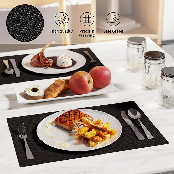 Cloth Placemats, Set of 4 Heat-Resistant Cotton Linen Blend Double Layered Machine Washable Place Mats, Wrinkle Free Thick Fabric Dining Table Mats for Indoors & Outdoors (Black, 4)
