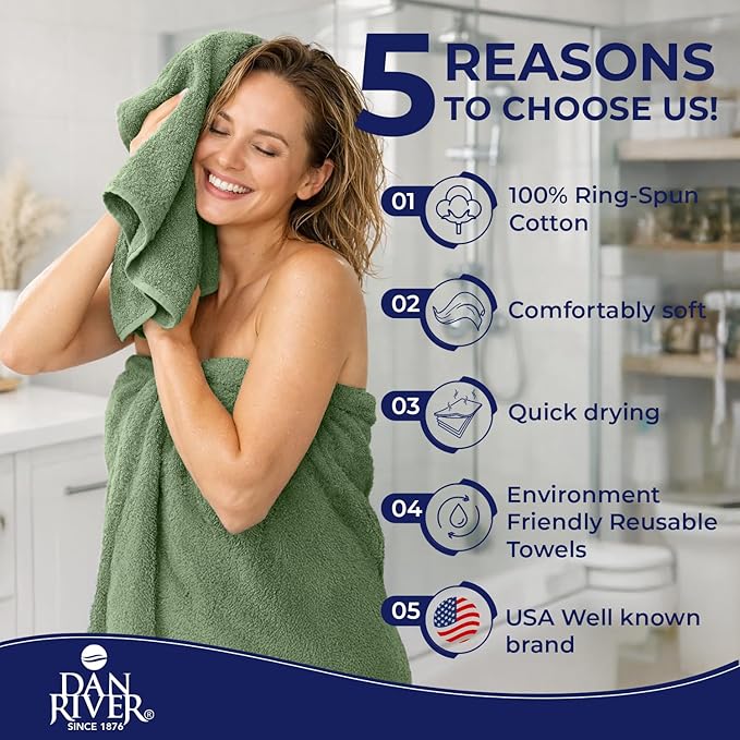 DAN RIVER 8 PC Luxury Bath Towels for Bathroom, 2 Bath, 2 Hand, and 4 Wash Cloths, 600 GSM 100% Ring Spun Cotton Towel Set, Highly Absorbent, Gym, Hotel, and Spa, Sage Green