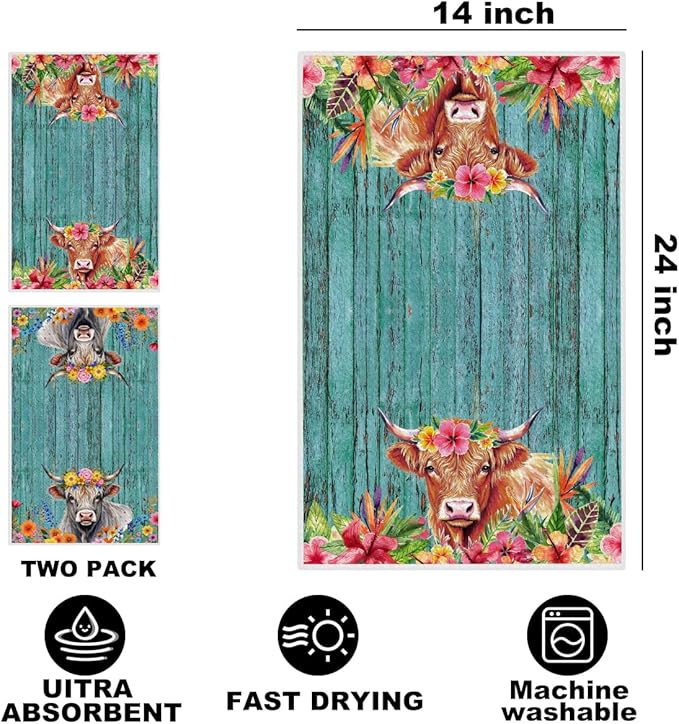 2 Pcs Cow Kitchen Towels, Rustic Flower Soft Absorbent Hand Tea Towel, Microfiber Dish Cloths for Drying Dishes, Waffle Dish Towels for Kitchen Bathroom Decor, Cow Gifts for Women