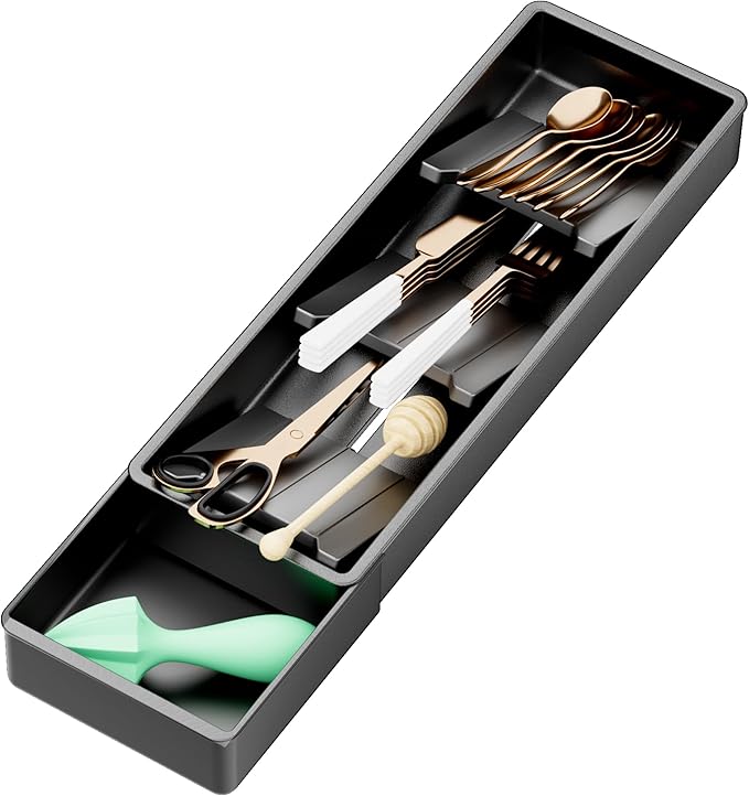 Silverware Drawer Organizer with Expandable Panel & Removable Dividers – Fits 15.67" to 21.18" Kitchen Drawers, Space-Saving Utensil Storage Solution (SPACE BLACK, W4.92 x L15.7 inches)