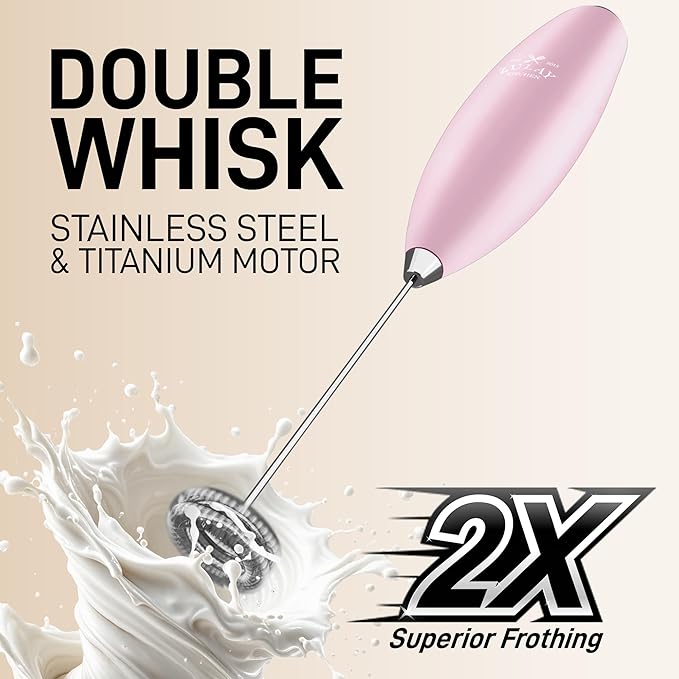 Zulay Kitchen Powerful Double Whisk Milk Frother Handheld - Foam Maker With Stand - Whisk Drink Mixer for Coffee, Mini Foamer for Latte, Matcha, Frappe, Hot Chocolate & Cappuccino - Magnetic Pink