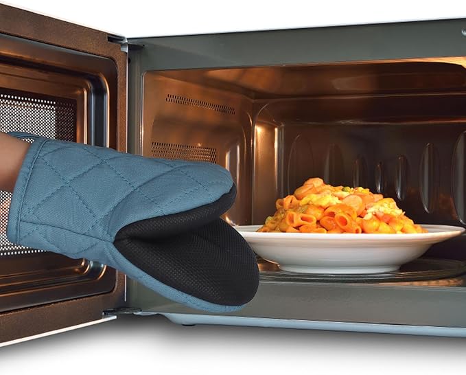Short Oven Mitts, Heat Resistant 500°F, Silicone Grip Kitchen Gloves, Non-Slip for Baking, Grilling, BBQ, Machine Washable with Hanging Loop, 2-Pack Set, Light Cyan