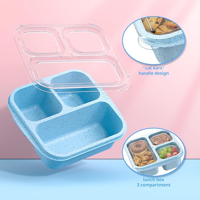 Snack Boxes (3 Pack) - Stackable Bento Boxes with 3 Compartments, Meal Prep Containers Reusable, Lightweight Lunch Containers for Kids and Adults, BPA Free (Blue)
