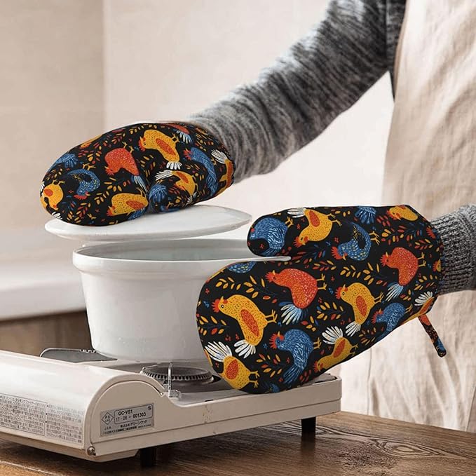 Chicken Silicone Oven Mitts Set of 2, Heat Resistant up to 500°F, Kitchen Oven Gloves with Non-Slip Grip and Soft Cotton Lining for Baking, Cooking and BBQ