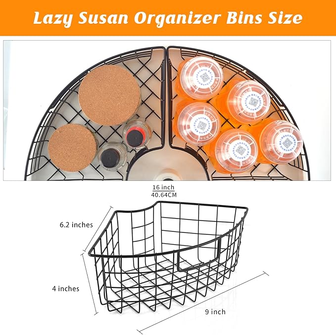 4 Pack Lazy Susan Basket Lazy Susan Organizer Bins for 18"/20" Diameter Turntable 1/4 Wedge Corner Cabinet Organizer Kitchen Organization Metal Lazy Susan with Handle for Cabinet 9 x 6.2 x4 Inch