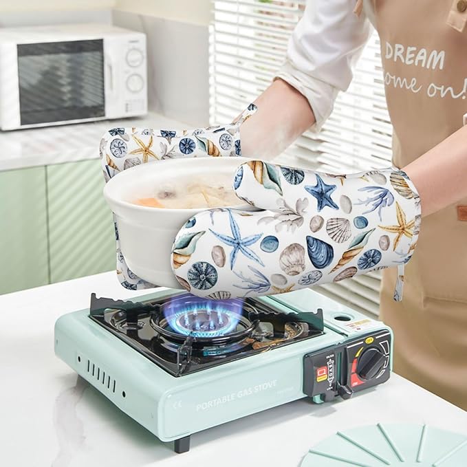 Blue Seashell Starfish Oven Mitts and Pot Holders 4 pcs Set Silicone Watercolor Shells Kitchen Oven Mitt Gloves Pot Holders Non-Slip Heat Resistant Cooking Mitts Set for Kitchen Baking
