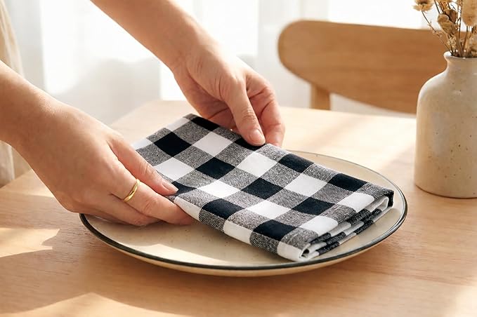 PurpleEssences Buffalo Plaid Cloth Napkins - Mitered Corners - Spring Easter Summer - Gingham Check Dinner Napkin - Set of 12-100% Cotton - 18x18 Inch - Reusable Washable - Black and White