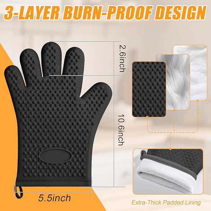 2 Pack Silicone Oven Mitts Heat Resistant, Waterproof Non-Slip BBQ Gloves, Flexible 5-Finger Kitchen Mitts, Kitchen Mittens for Baking, Grilling, Black
