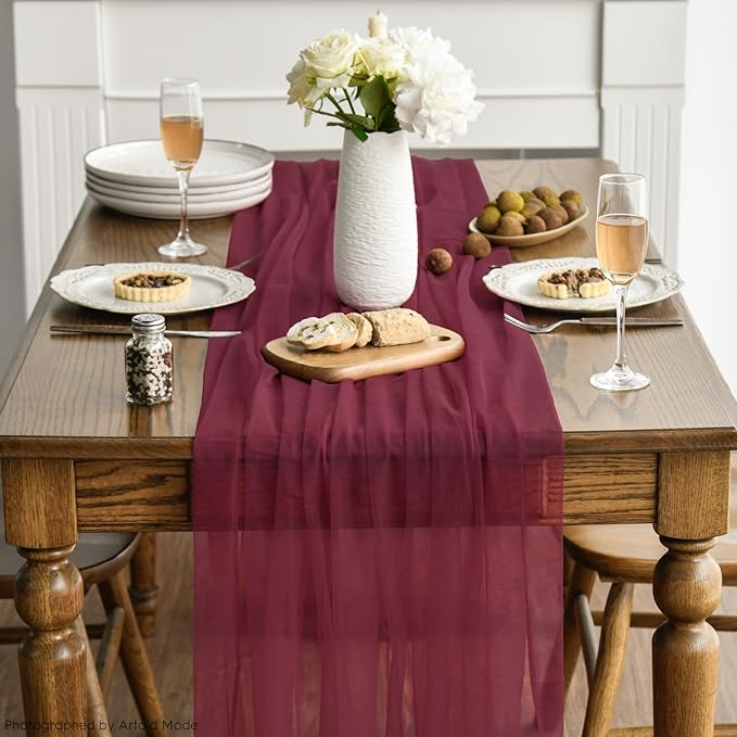 Artoid Mode 10PCS Burgundy Gauze Table Runner 120 Inch 10FT, Seasonal Sheer Kitchen Dining Holiday Wedding Birthday Baby Shower Table Decor for Home Party