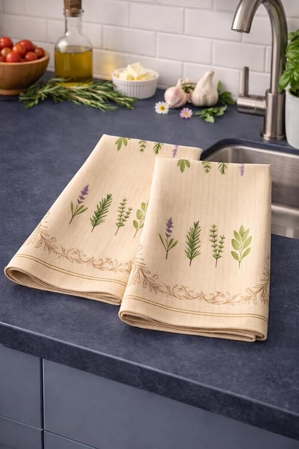 Easter Gift Kitchen Microfiber Waffle Tea Towels Set of 2 Absorbent & Fast Drying Dish Cloths for Cleaning,Vintage Floral Herbs Boho,Decorative Hand Towels for Bathroom,20x28 Inch(Vintage Four Herbs)