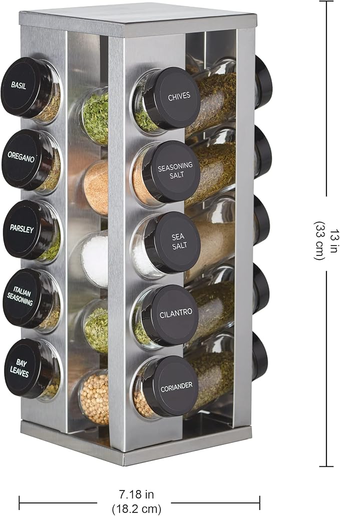 Kamenstein 20 Jar Heritage Revolving Spice Rack with Spices Included, Brushed Stainless Steel Rotating Countertop Organizer with Free Refills for 5 Years