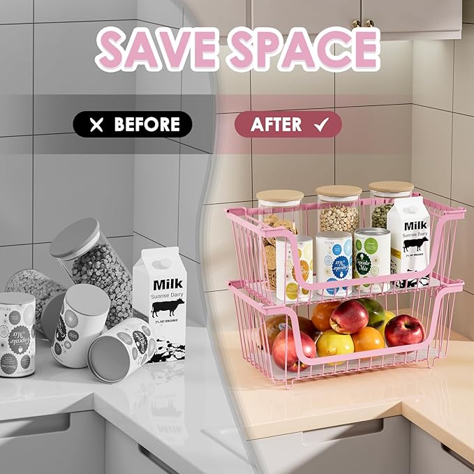 GAOKASE 4 Pcs Stackable Wire Baskets for Pantry Organizers and Storage,Vegetable Fruit Basket for Countertop,Kitchen Storage Metal Baskets,Produce Potato Onion Storage Bin,pink