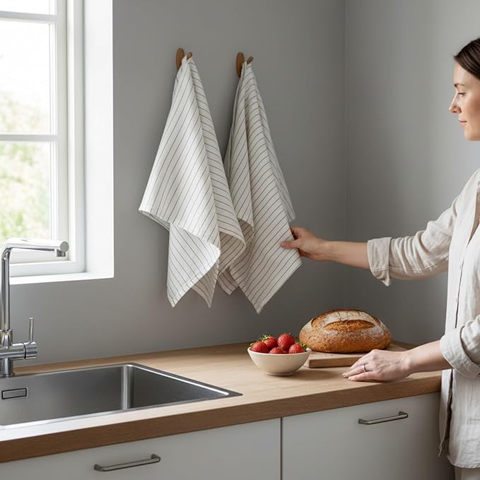 Eight Owls Stonewashed Linen Kitchen Dish Towels - 20 x 27 inch – 100% Pure Linen Tea Towel/Hand Towel - Set of 2 (Olive Pinstripe)