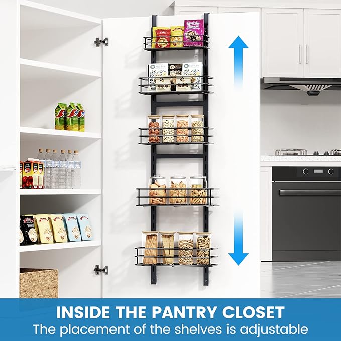 5-Tier Over the Door Pantry Organizer,Cabinet Door Organizer,Kitchen Pantry Door Organizers and Storage,Over the Door Spice Rack,Behind the Door Storage,Door Hanging Organizer,Black