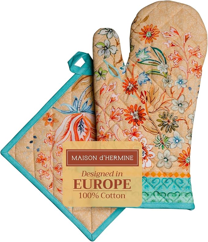 Maison d' Hermine 100% Cotton Oven Mitt & Pot Holder Set (7.5"x13" & 8"x8") Heat Resistant BBQ Cooking Gloves with Loop Grilling Kitchen Gifts for Mothers Day Spring/Summer (Luxury Loft - Peach)