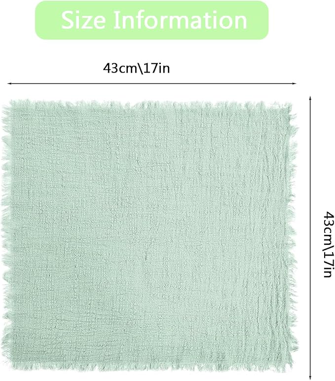 Cotton Blend Fringe Cloth Napkins - Crinkle Gauze Dinner Napkins, Reusable & Washable Table Napkins, 17" x 17" (43 x 43 cm), Multiple Colors, 12/24/48/100 Pack (12, Mint Green)