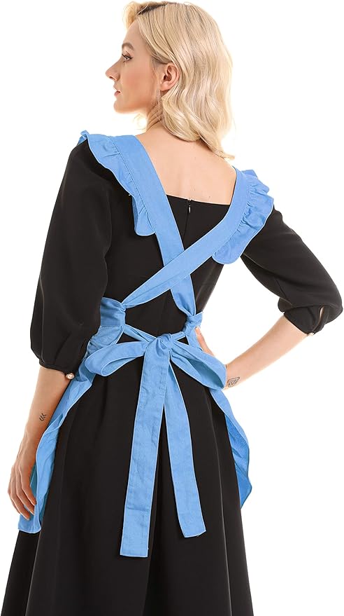 Retro Adjustable Ruffle Apron Kitchen Cooking Baking Cleaning Maid Costume (Blue)