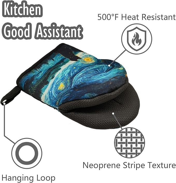 Black Cat Starry Night Oven Mitts, High Heat Resistant Kitchen Oven Gloves, Mini Silicone Oven Mitts, Non-Slip Grip Surfaces and Hanging Loop for Grilling, Baking, Cooking and Microwave, Gift