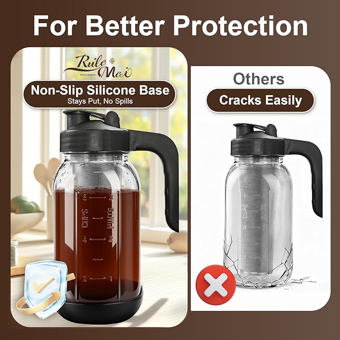 Cold Brew Coffee Maker,64 oz Mason Jar Pour Spout Lid, Coffee Carafe,Refillable Stainless Steel Filter,Non-slip Silicone Sleeve for Glass Pitcher, For Home Baristas & Coffee Enthusiasts