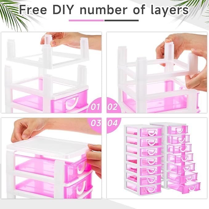 Thyle 2 Pcs Plastic Drawers Organizer Mini Organizer Stackable Plastic Clear Drawer Storage Box Containers Storage Units for Desktop Classroom Craft 6.7 x 4.9 x 13.4 inches(Rose Red)