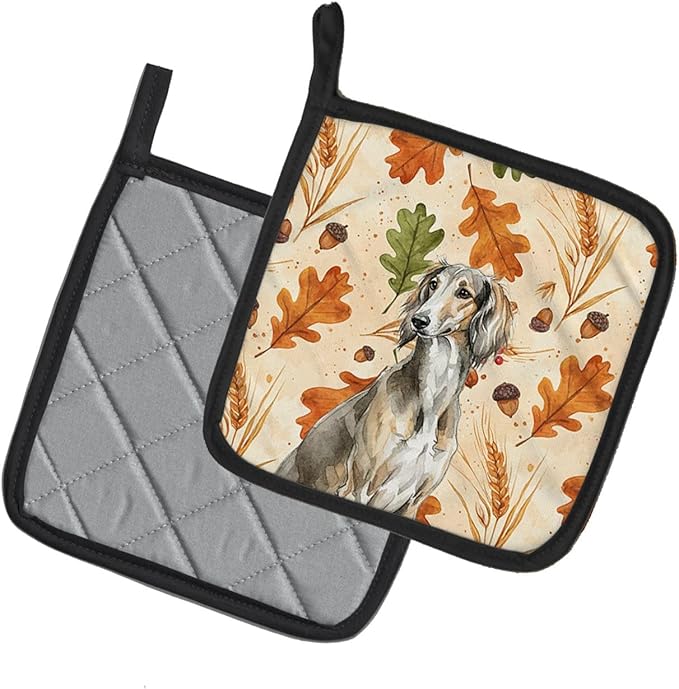 Caroline's Treasures Grizzle Saluki Heirloom Fall Pair of Pot Holders Pair 7.5x7.5 Quilted Insulated Hot Pads Decorative Kitchen Gift Made in USA
