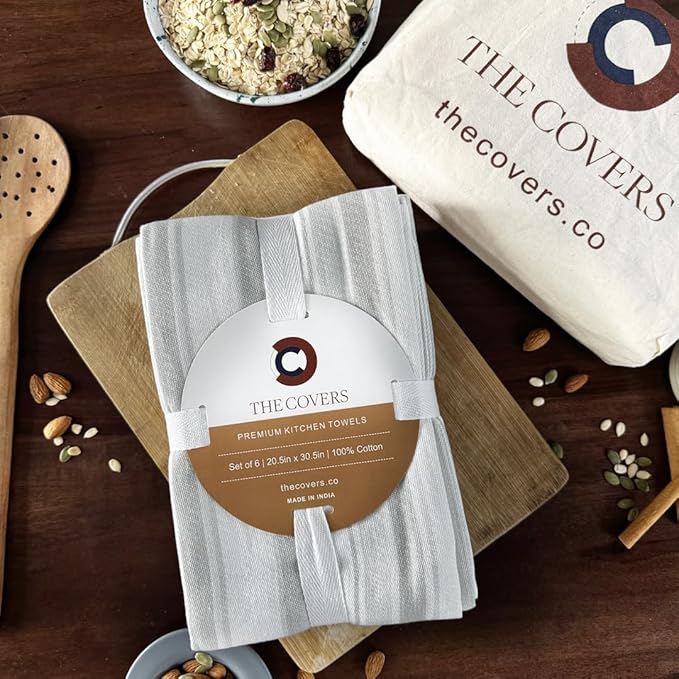 THE COVERS Premium 100% Cotton Kitchen Towels in Muted Whisper Grey Colors | Set of 6 Lavishly Large Towels (20.5”x30.5”) | Handy Hanging Loop for Drying | Arrives Gift-Ready, with a Signature Tote