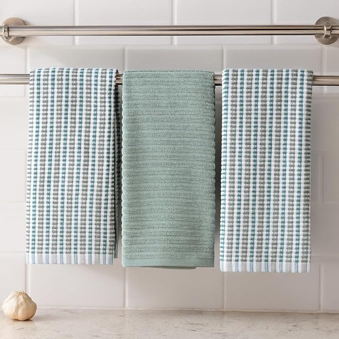 Serafina Home Sage Green Kitchen Dish Towels- Set of 3 100% Cotton Soft Cleaning Drying Absorbent Textured Terry Loop- Oversized 28" x 18" Multipurpose Towels for Everyday Use