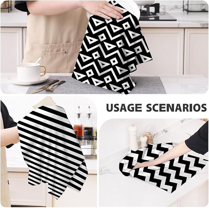 White Black Kitchen Towels Decorative Set of 4, Soft Absorbent Abstract Modern Dish Towels for Drying Dishes, Hand Drying Baking Cooking Cloth for Kitchen Bathroom Farmhouse Home Decor