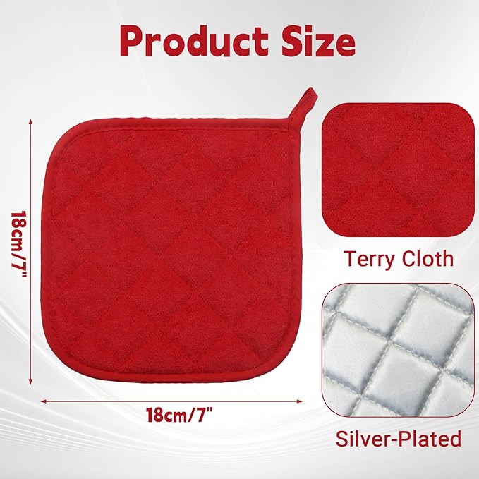 4 Pcs Quilted Pot Holder, Cotton Heat Resistant Hot Pads for Kitchen, Countertops, Oven Pot Holders (Red)