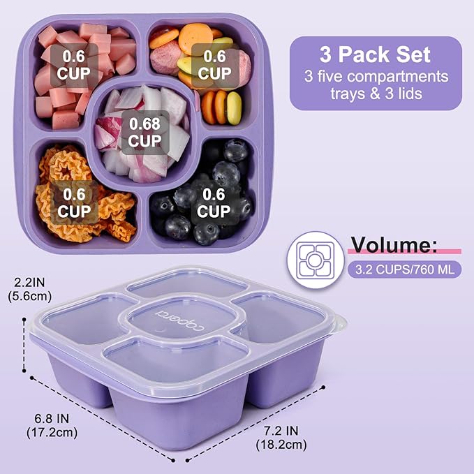 Caperci 5-Pack Lunchable Container Set for Kids & Adults - Reusable Bento Snack Box Containers with 5-Compartment for Food Storage & Meal Prep, Wheat Straw, BPA-Free (Dark & Clear Lids)