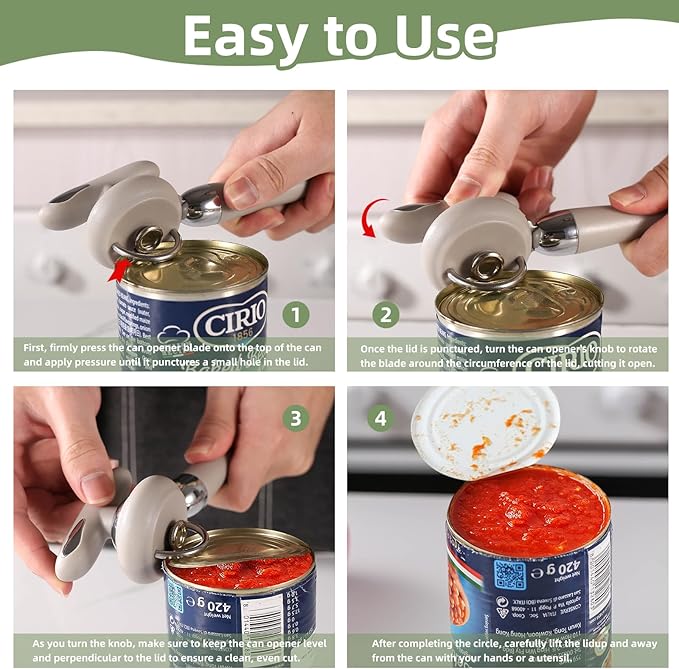 Can Opener Manual Tin Opener Stainless Steel Heavy Duty, Oversized Hand-held Easy Rotary Knob, Safe Cut Manual Can Opener with Non-Slip Handle, Smoother Cut Sharp Blade for Seniors Kitchen Tool, Grey