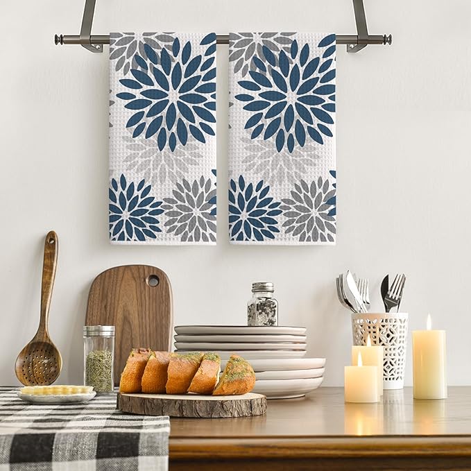Artoid Mode Aqua Dahlia Floral Kitchen Towels Dish Towels, 18x26 Inch Quick Dry Microfiber Cloth Hand Towels for Kitchen Drying Set of 2