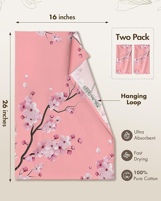 Miss Adola Flour Sack Kitchen Towels - Set of 2 Cotton Dish Towels with Hanging Loop Decorative 18x26 Inch Absorbent Cute Design for Housewarming Gifts, Pink Blossom