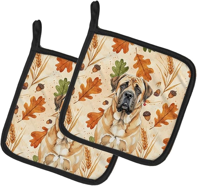Caroline's Treasures Apricot English Mastiff Heirloom Fall Pair of Pot Holders Pair 7.5x7.5 Quilted Insulated Hot Pads Decorative Kitchen Gift Made in USA
