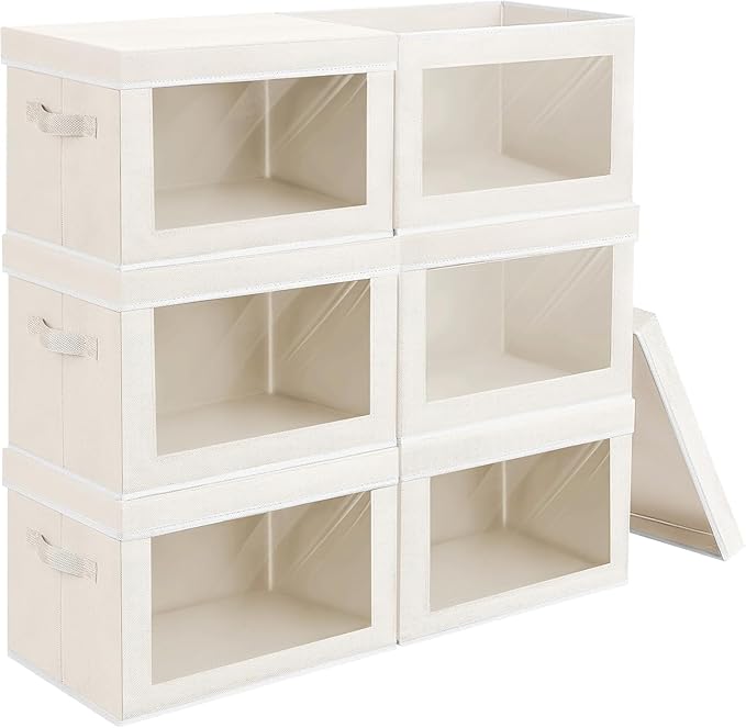 Homsorout Stackable Storage Bins with Lids - Medium Storage Box with Lids, Foldable Closet Boxes for Organizing, Wardrobe Clothes Organizer with Window, Fabric Bins for Living Room, 6 Pack, Beige