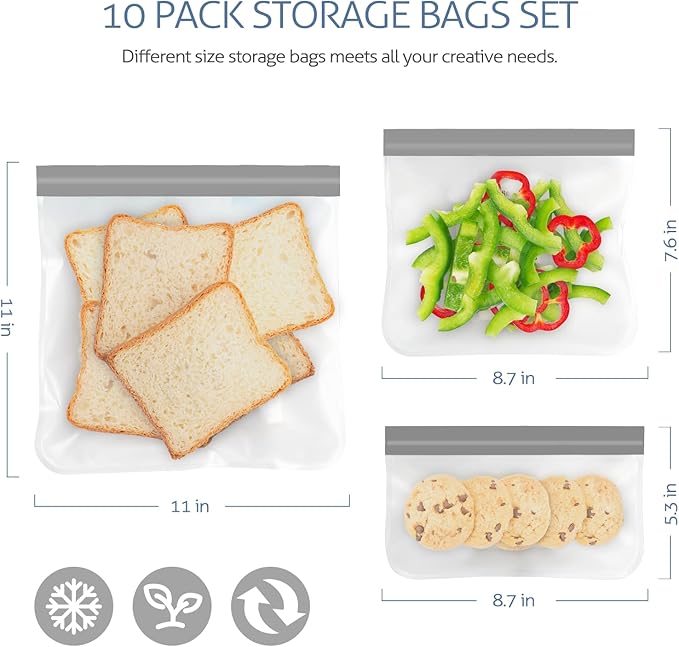 Reusable Gallon Storage Bags, 10 Pack Dishwasher Safe Silicone Food Storage Bags with 3 Sizes for Marinate Meats, Sandwich, Snack, Cereal (grey)