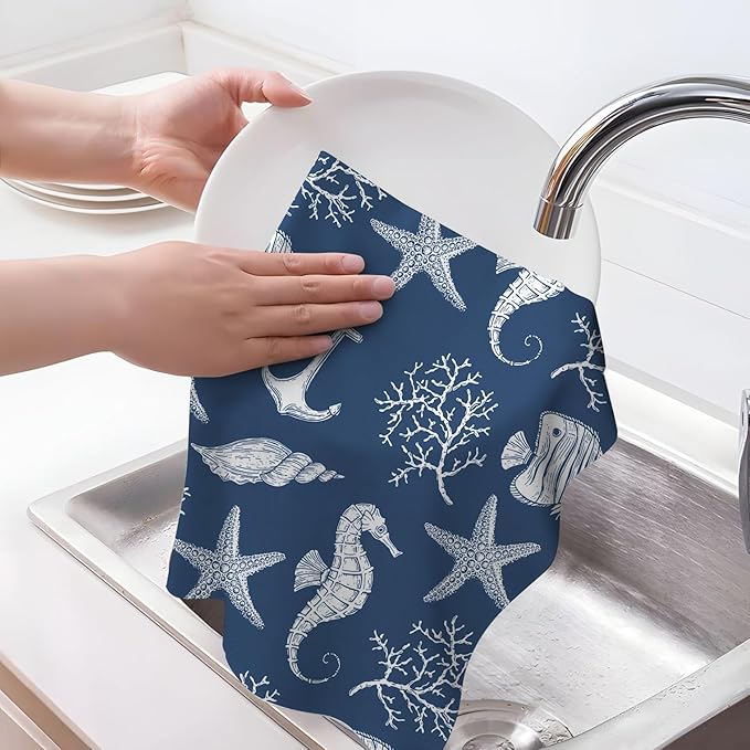 Blue Nautical Seahorse Corals Sea Turtle Kitchen Dish Towels Decorative Set of 4, Absorbent Coastal Tea Hand Towels for Kitchen Farmhouse Housewarming Bar Ocean Themed Decor