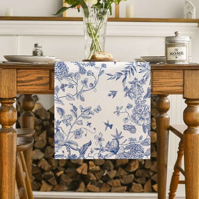 Artoid Mode Monochrome Sketch Birds and Flowers Spring Table Runner, Seasonal Summer Fall Kitchen Dining Table Decoration for Home Party Decor 13x60 Inch