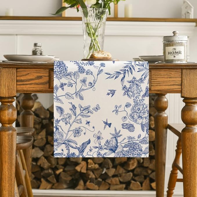 Artoid Mode Monochrome Sketch Birds and Flowers Spring Table Runner, Seasonal Summer Fall Kitchen Dining Table Decoration for Home Party Decor 13x108 Inch
