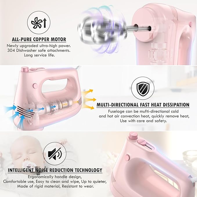 GUALIU Electric Hand Mixer with Stainless Steel Whisk, Dough Hook Attachment and Storage Bag, Handheld Mixer for Baking Cakes, Eggs, Cream Food Mixers. Turbo Boost /5 Speed Kitchen Blender PINK