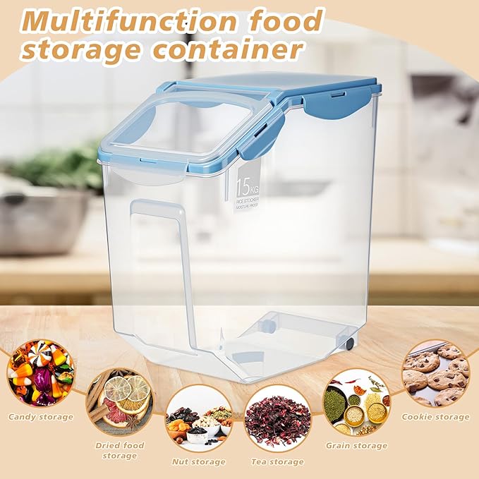 Umigy 4 Pack Rice Storage Container With Wheels Plastic Airtight Lid Flour Container Bin for Dog Pet Cereal Grain Dry Food, 15 Liter / 30 lbs (Blue)
