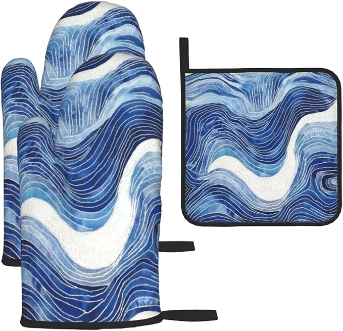 Blue and White Ocean Wave Oven Mitts and Pot Holders Sets of 3, Heat Resistant Non-Slip Washable Coastal Blue White Kitchen Gloves Hot Pads Gift for Baking Cooking Grilling Enthusiasts, Kitchen Decor