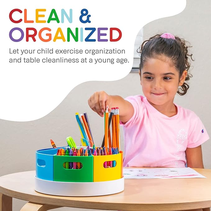 PUZZLE EZ Art Supply Storage Organizer for Kids – Art Organizers and Storage for Crayons, Markers & Pencils, Lazy Susan Rotating Classroom Desk Art Caddy with Dividers